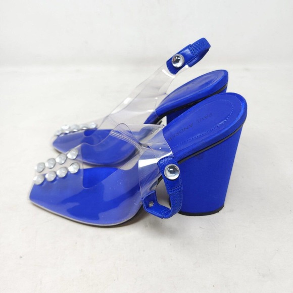Paul Andrew Womens Heels Serrano Blue Satin PVC Cabochon Peep Toe Slingback 37 7 - Picture 5 of 10